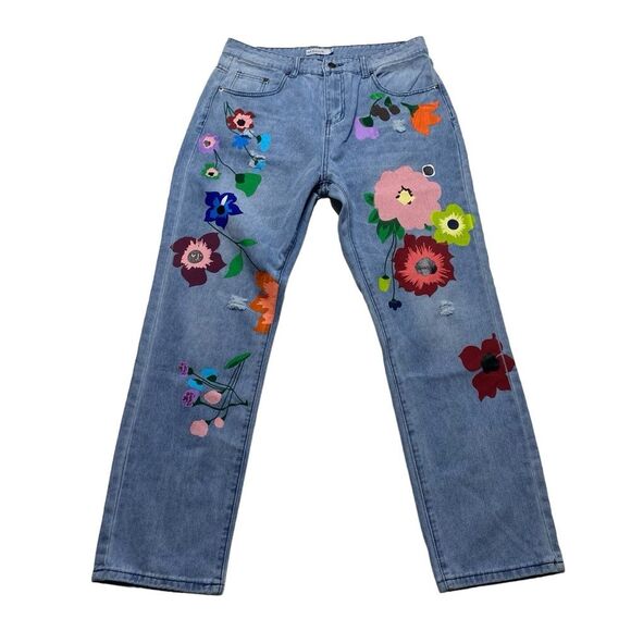 MISSLOOK Denim - MISSLOOK Flower Power Bohemian Painted Jeans Floral Hippie Blue Sz XL
